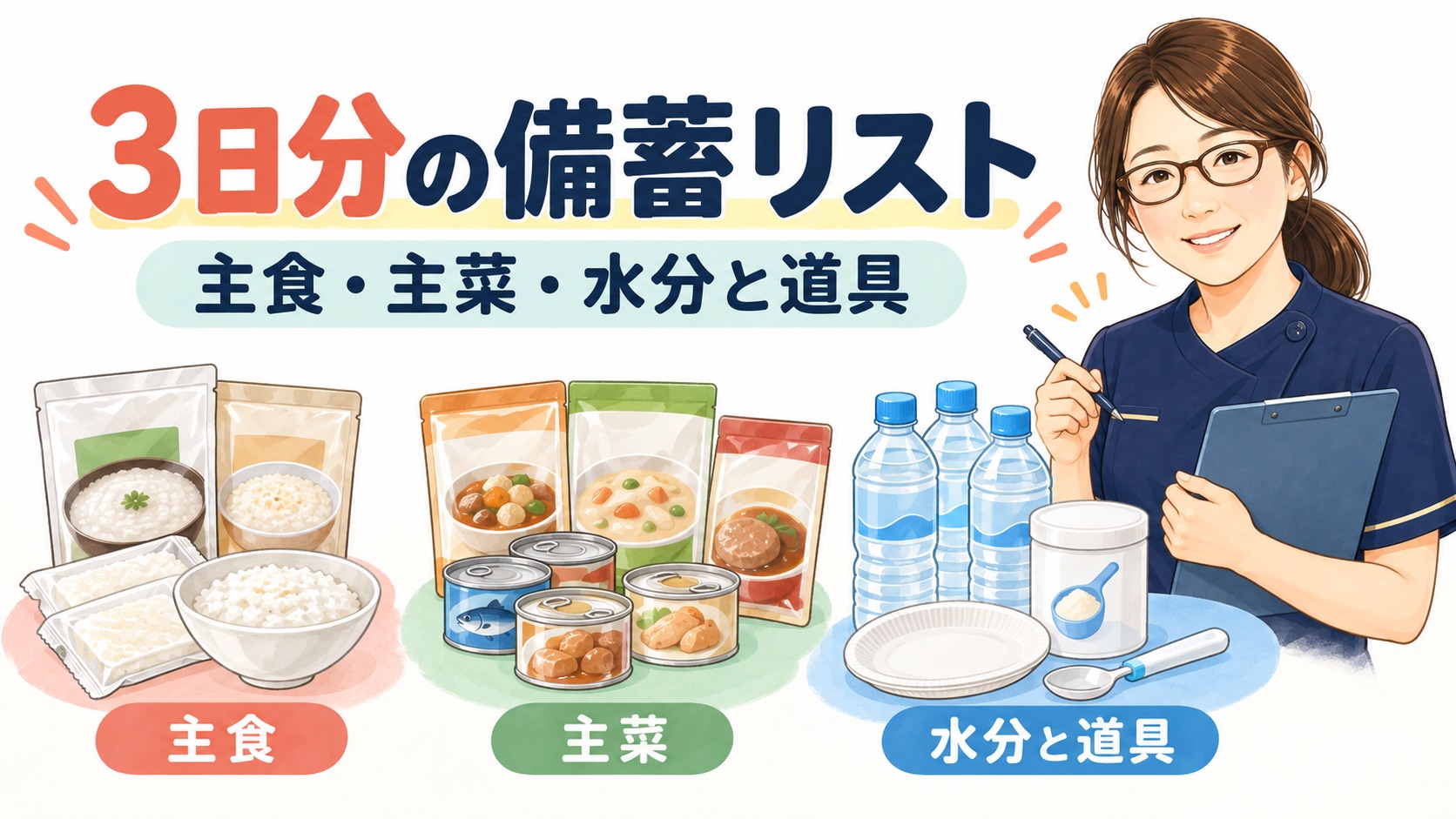 3日分の備蓄リスト。主食、主菜と副菜、水分と道具に分けて示した図