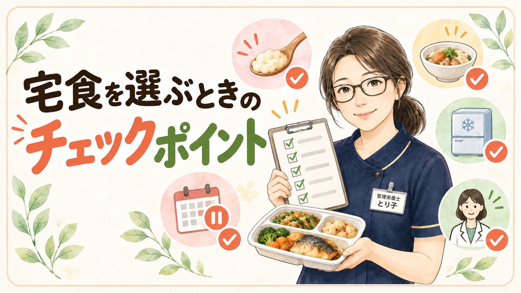 宅食を選ぶときの5つの確認点。食べやすさの段階、一食量、冷凍庫、休止条件、食事制限