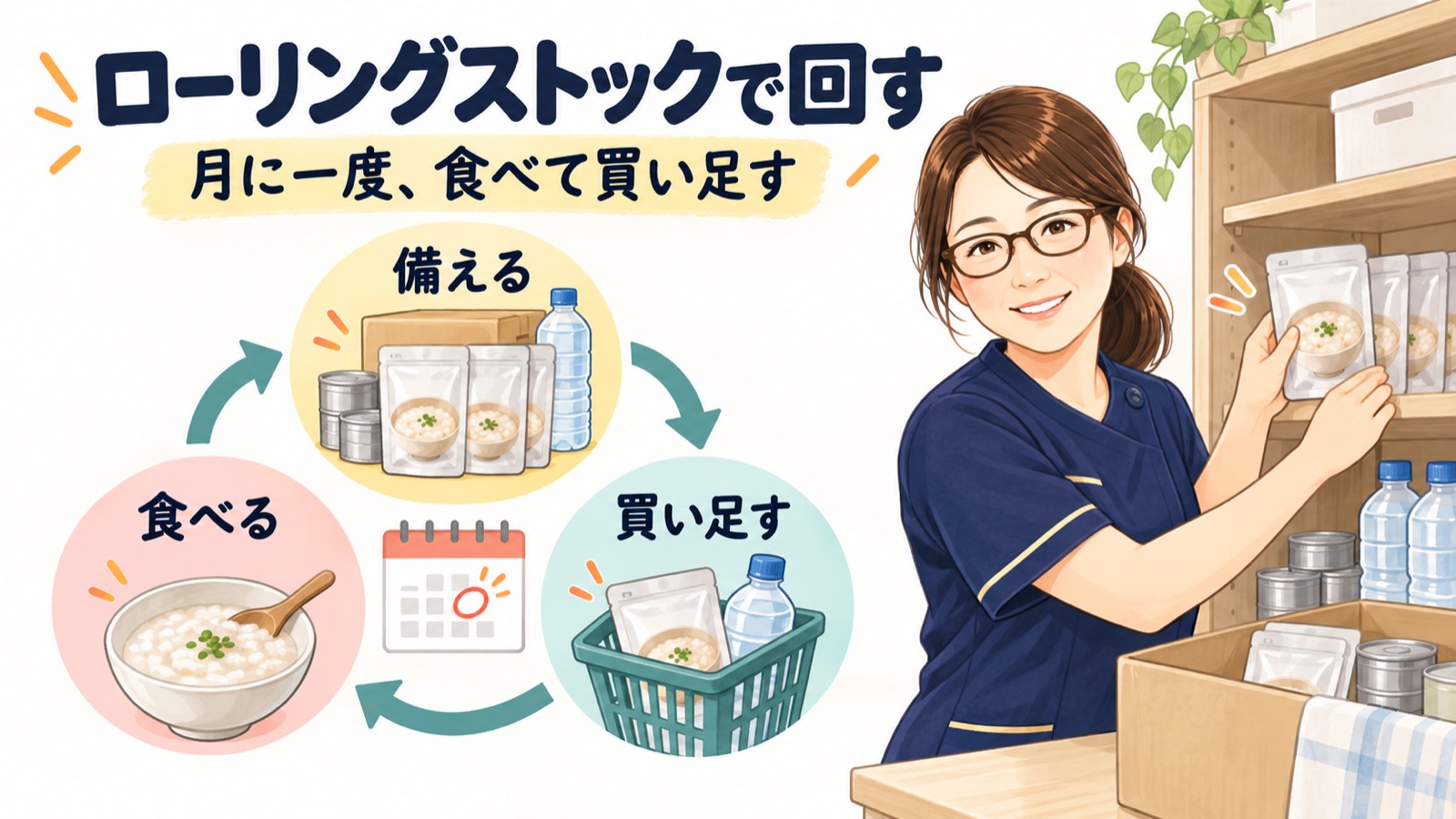 月に一度備蓄品を食べて買い足すローリングストックの流れを示した図