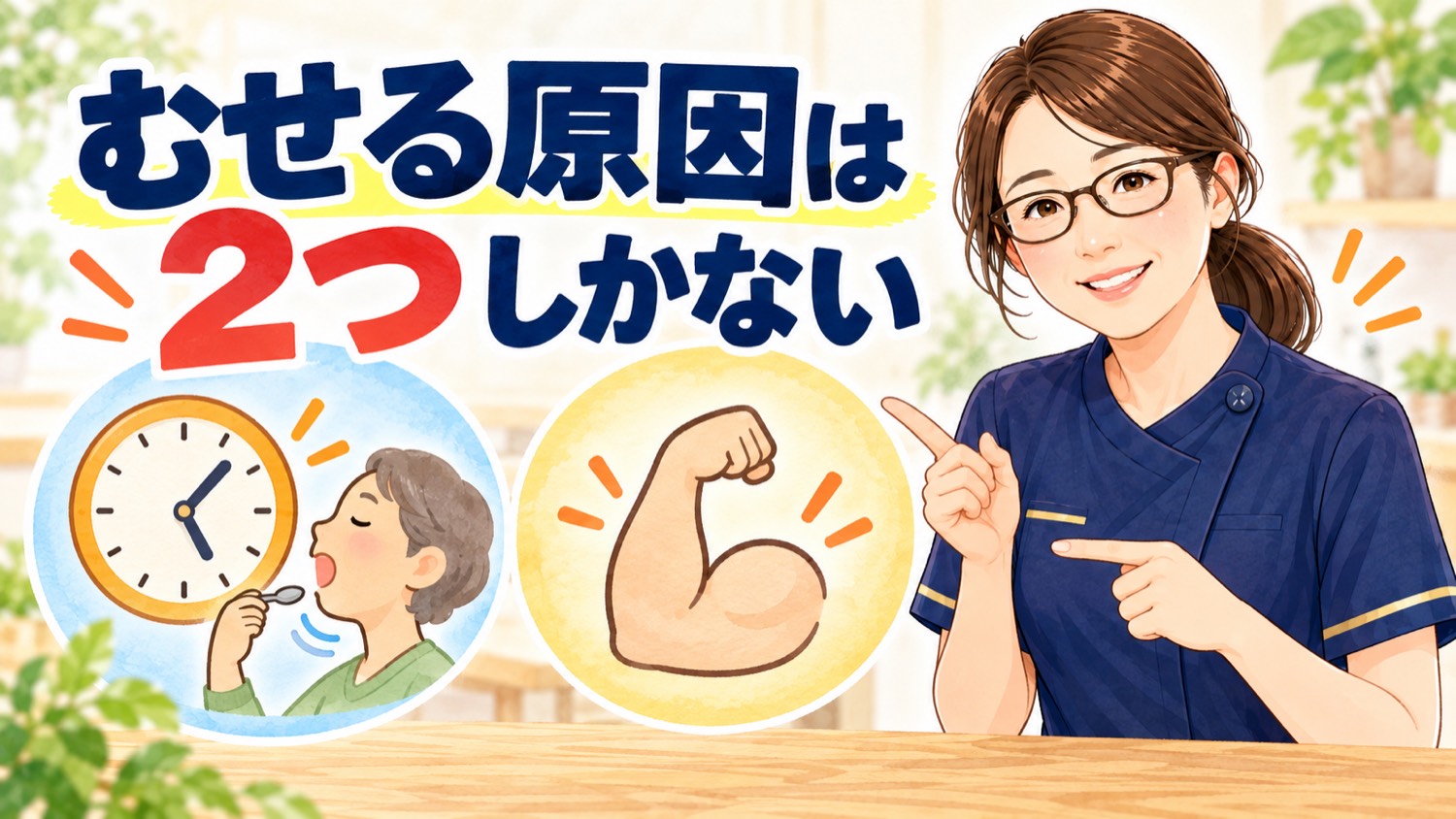 むせる原因は2つ。タイミングが合わないか、飲み込む力が足りないかを示した図