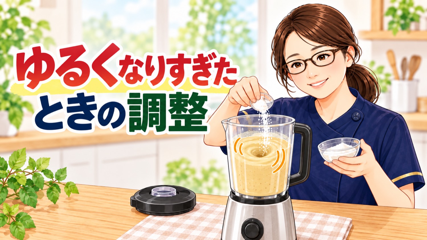 ゆるくなりすぎたときの調整。ミキサーの中身にとろみ剤を少しずつ振り入れる様子