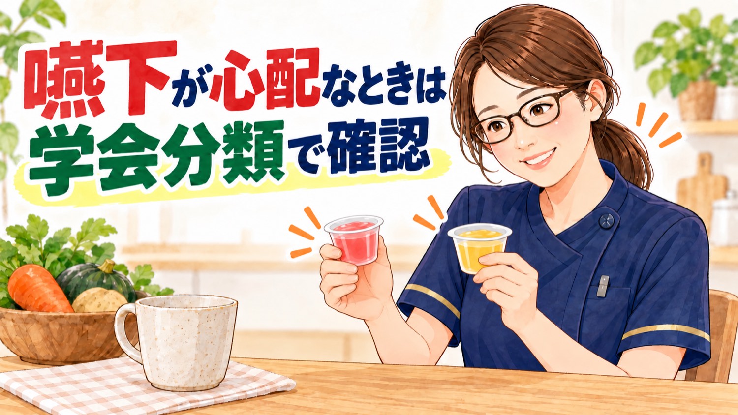 嚥下が心配なときは学会分類で確認する。2種類の栄養補助ゼリーを見比べる管理栄養士