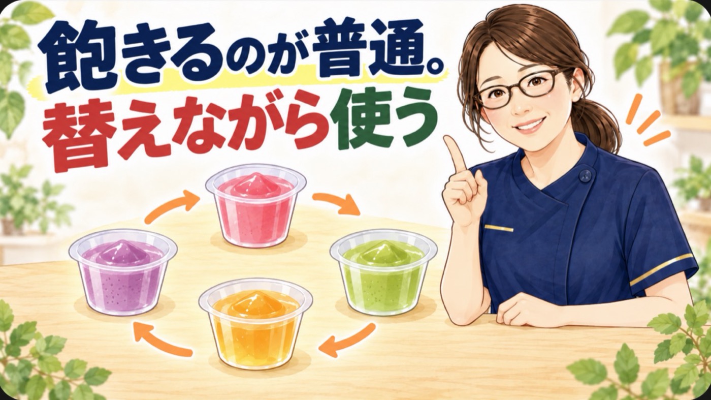 飽きるのが普通。4種類の味のゼリーを順番に替えながら使うことを示した図