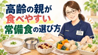 高齢の親が食べやすい常備食の選び方。おかゆ、魚の缶詰、豆、冷凍かぼちゃ、高野豆腐を前に管理栄養士が解説するイラスト