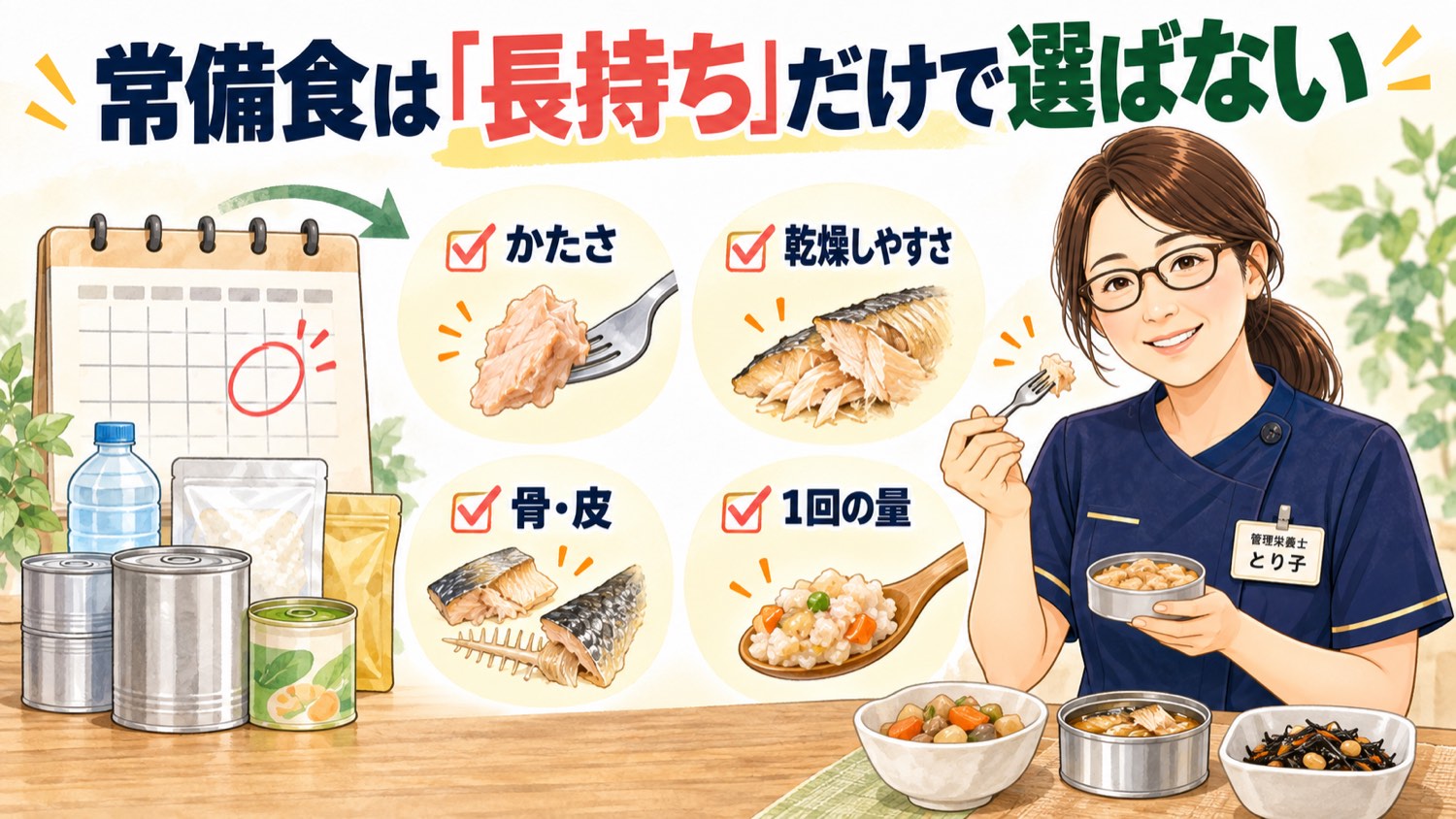 常備食は「長持ち」だけで選ばないことを示した図。賞味期限の次に、かたさ・ぱさつき・皮や骨・一食量を見る