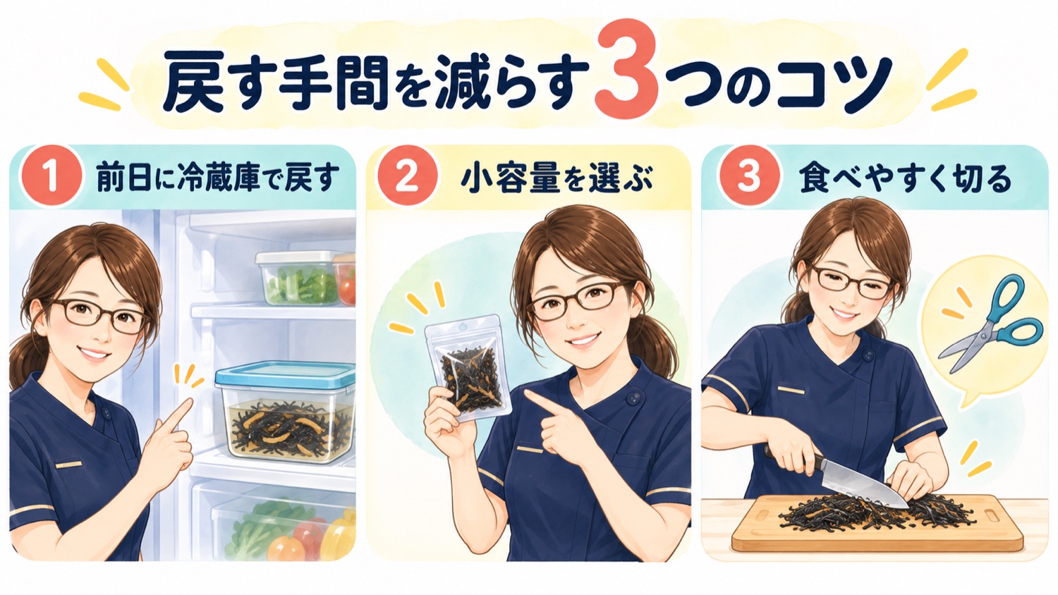 戻す手間を減らす3つのコツ。前の晩に翌日分を戻す、小容量の商品を選ぶ、戻したあとに短く切る