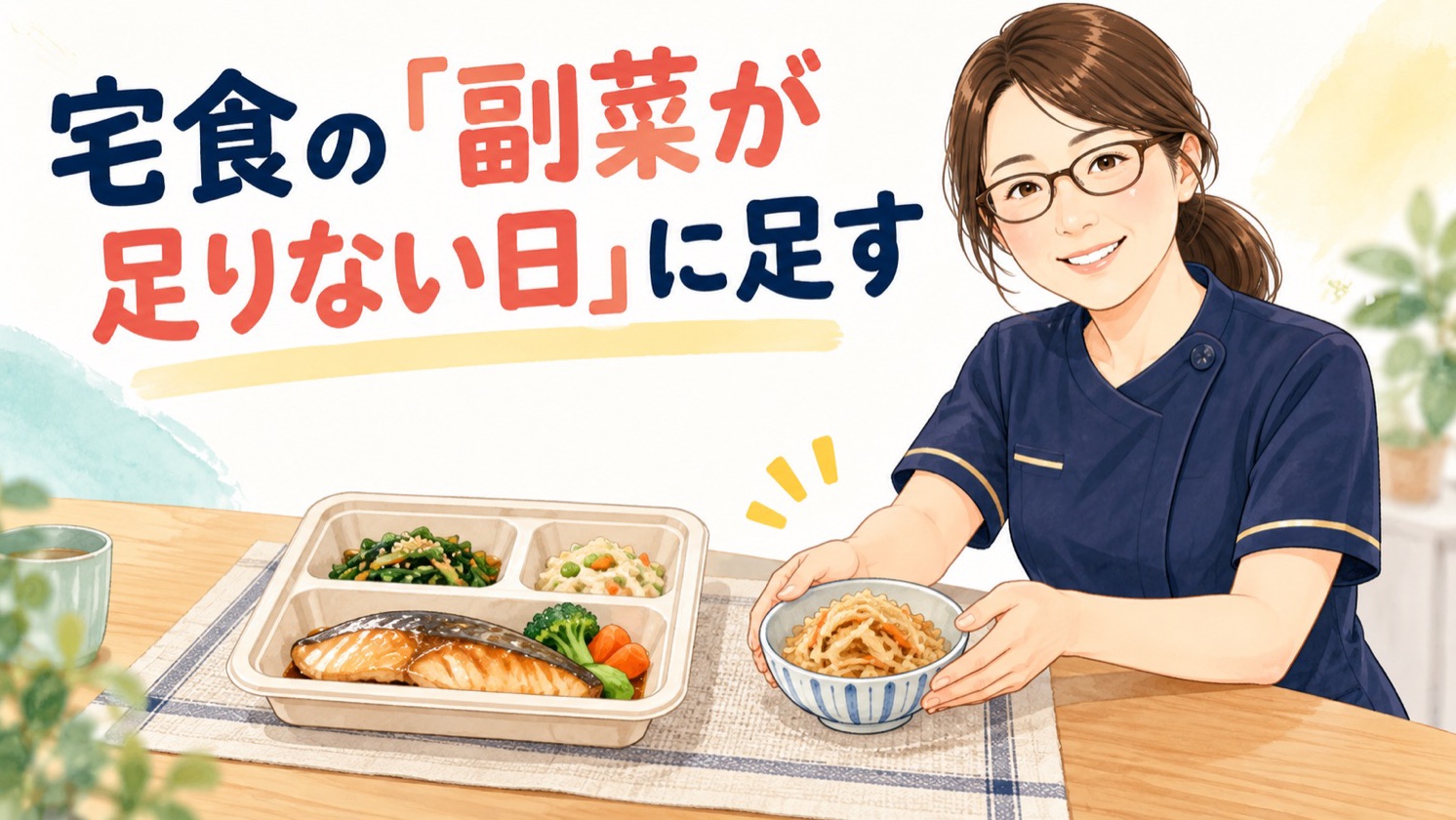 宅食の主菜に乾物の副菜を足した食卓のイラスト。副菜が足りない日の一品の足し方を示している