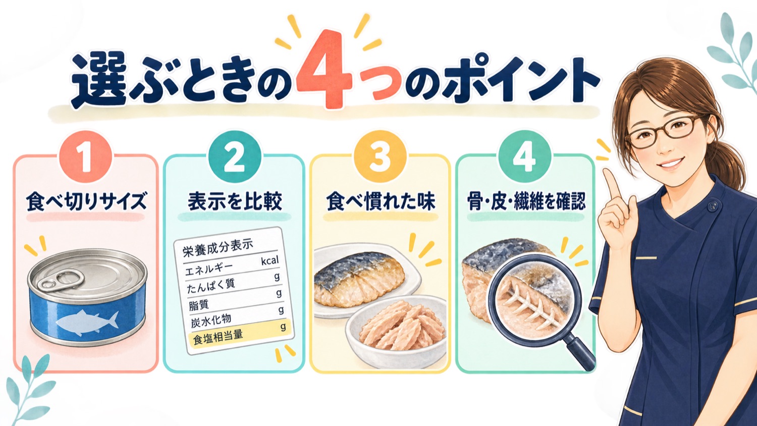 缶詰を選ぶときの4つのポイント。小さめサイズ、水煮の味付け、食べ慣れた中身、骨や皮の確認