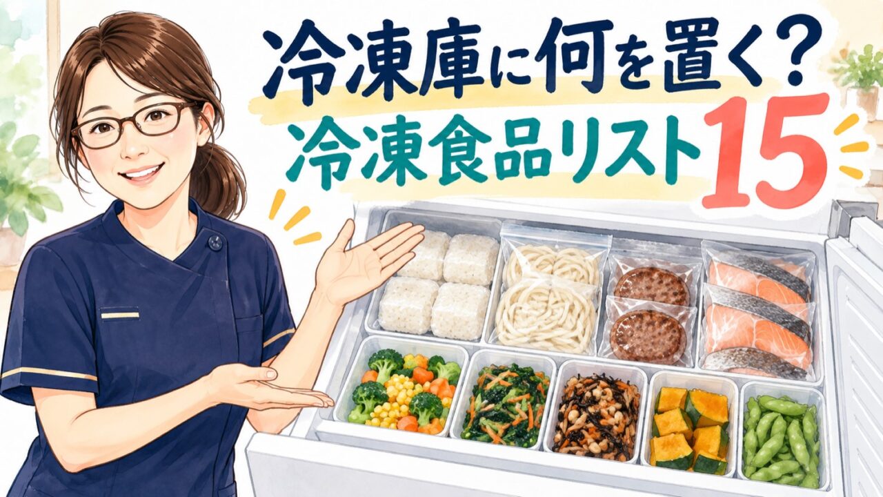 介護を助ける冷凍食品リスト15。冷凍庫に何を置くかを主食・主菜・野菜に分けて示したイラスト