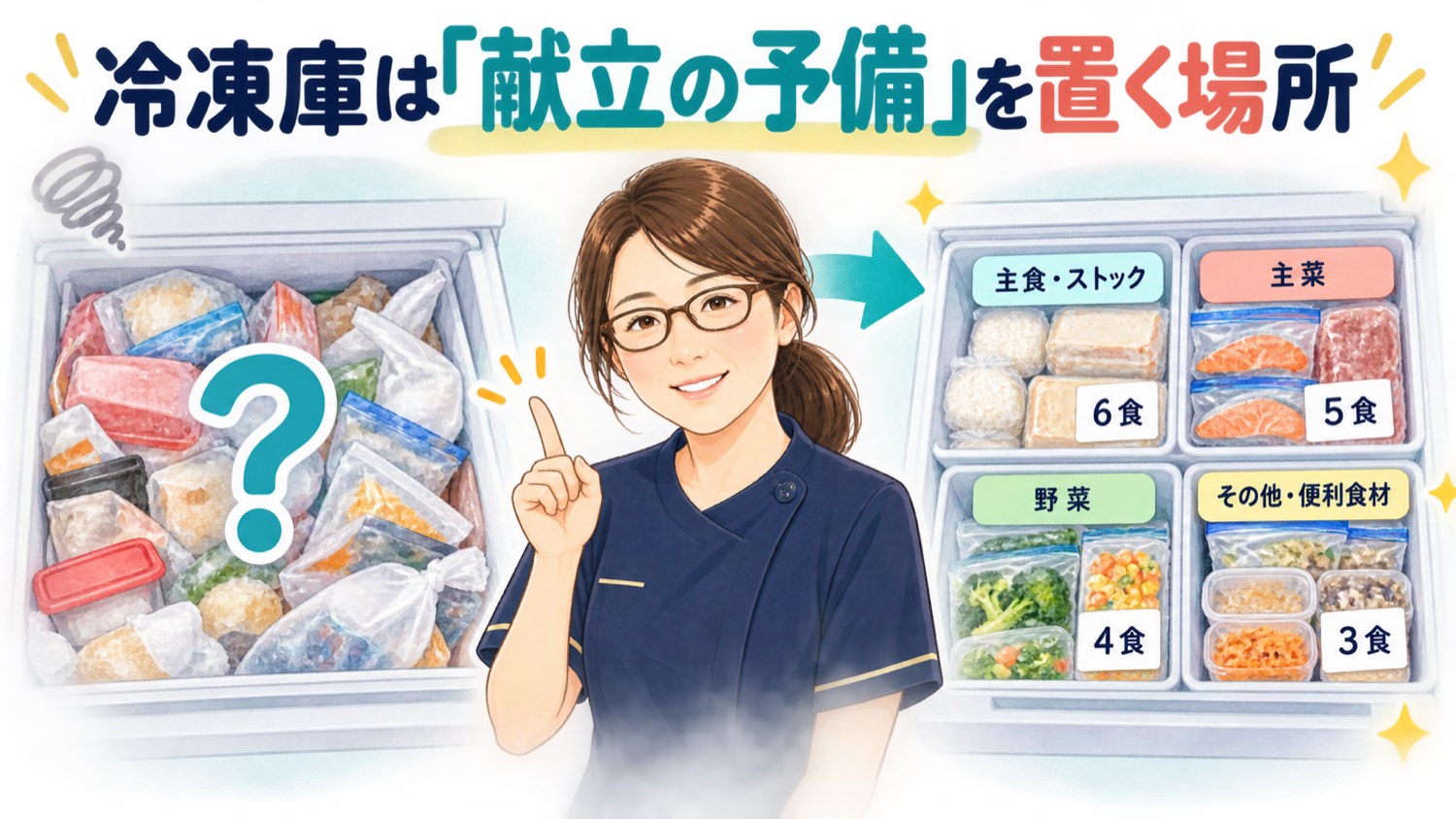 冷凍庫は「献立の予備」を置く場所であることを示した図