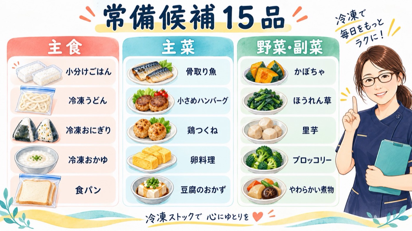 冷凍庫の常備候補15品。主食5品、主菜の材料5品、野菜・副菜5品を一覧にした図