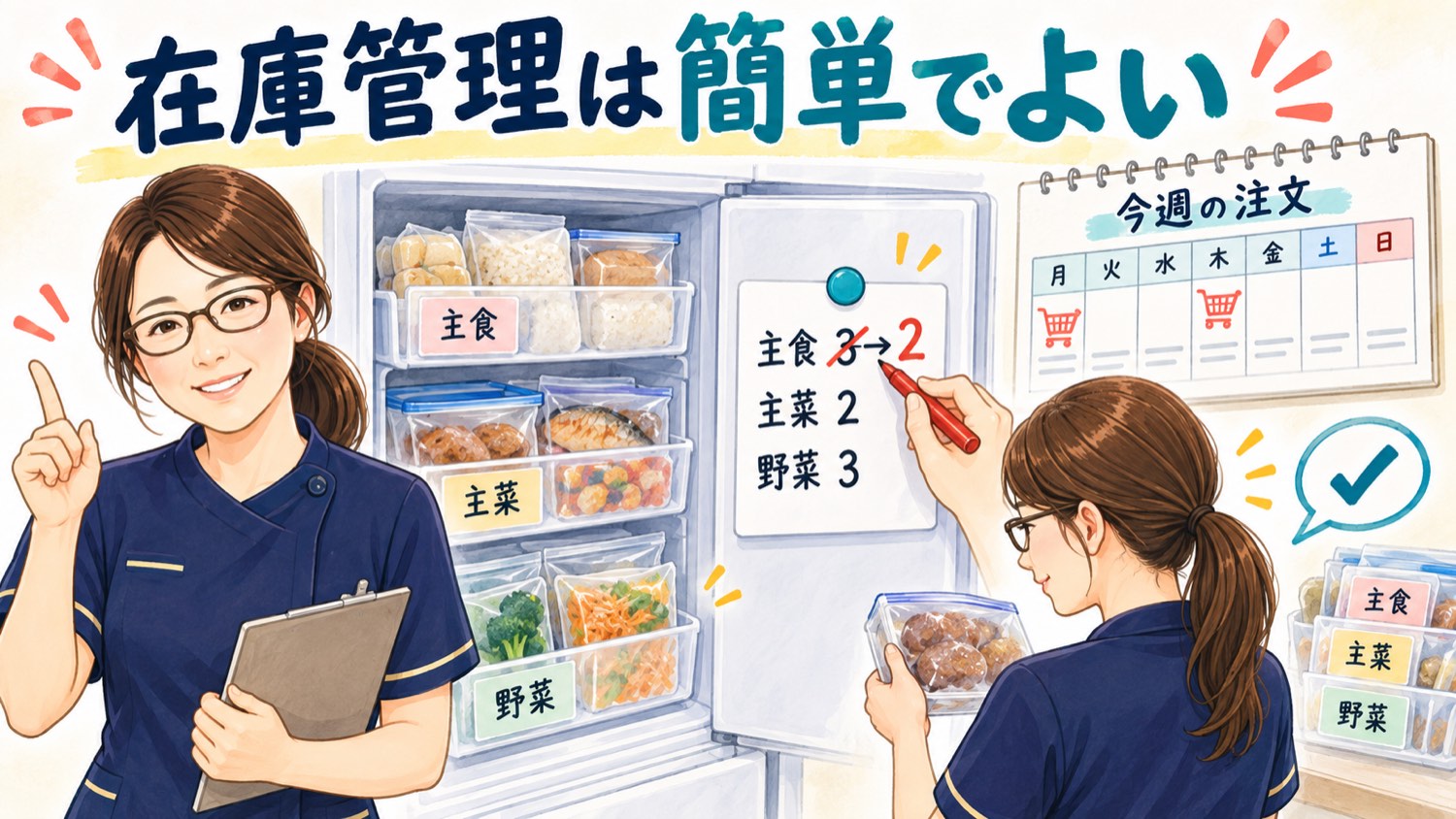 在庫管理は簡単でよい。冷凍庫の扉に主食3・主菜2・野菜3と書いて数える方法を示した図