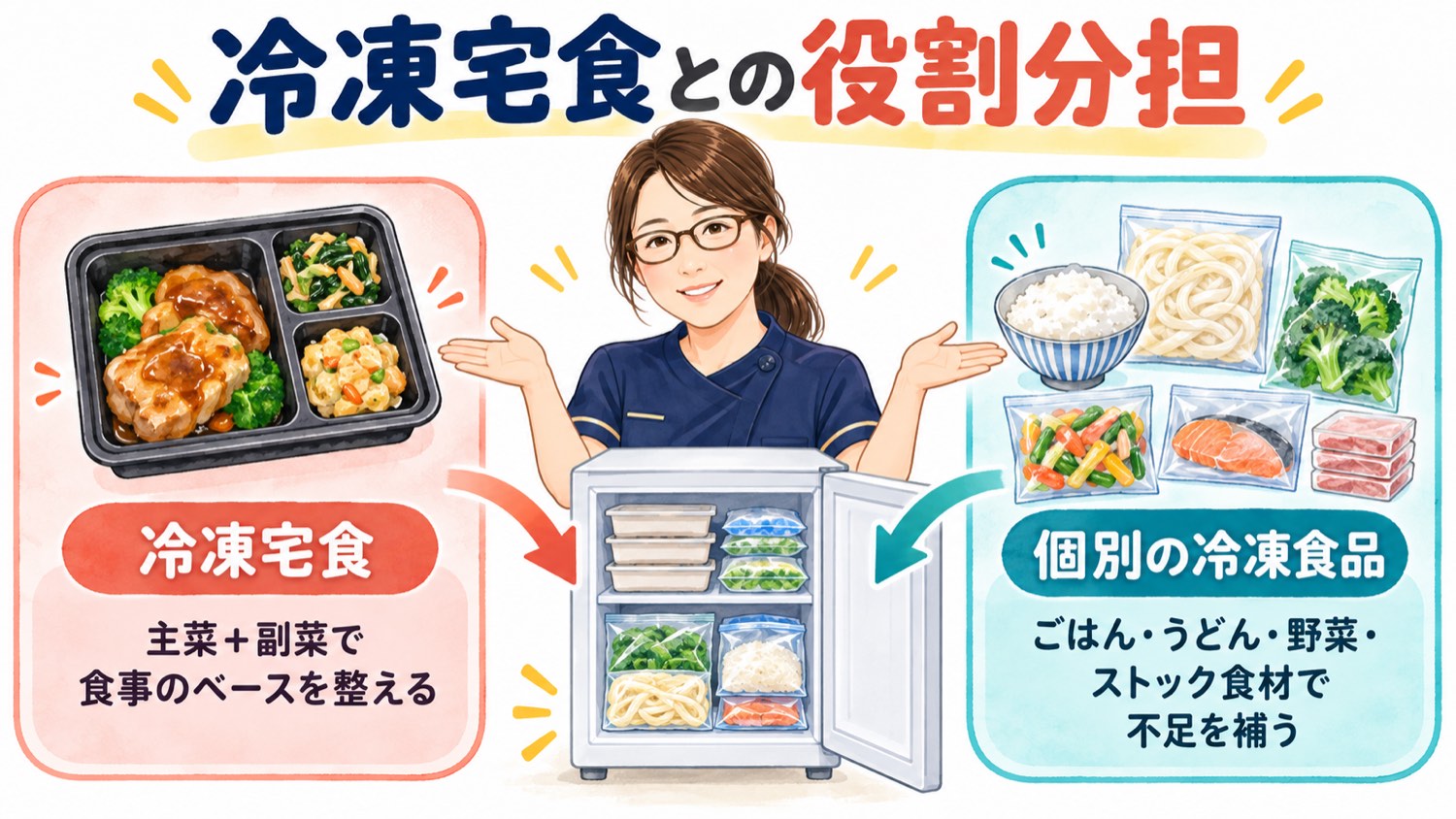 冷凍宅食との役割分担。冷凍庫が小さい家庭での組み合わせ方を示した図