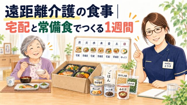 遠距離介護の食事。宅配と常備食でつくる1週間分を、離れて暮らす親に送る様子のイラスト
