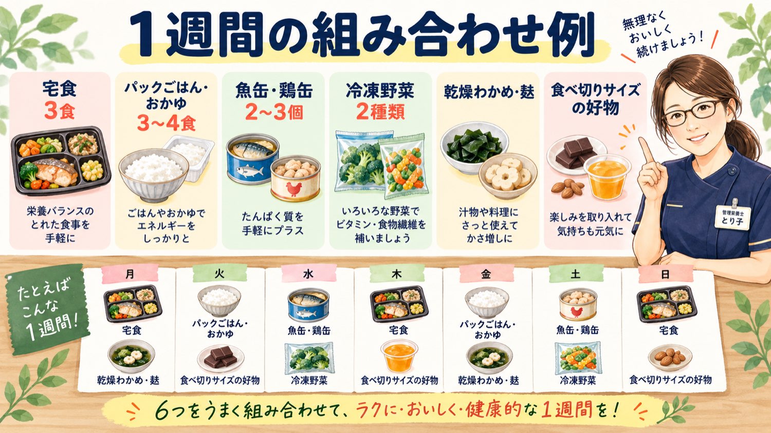遠距離介護で送る1週間の組み合わせ例。宅食3食、パックごはん、魚缶、冷凍野菜、汁物の材料、好物