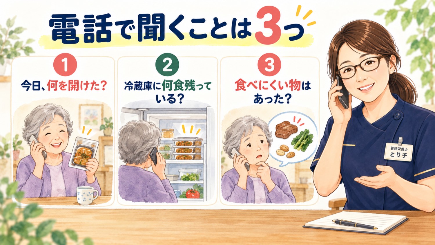 電話で聞くことは3つ。どの商品を開けたか、何食残っているか、食べにくかったものはあったか
