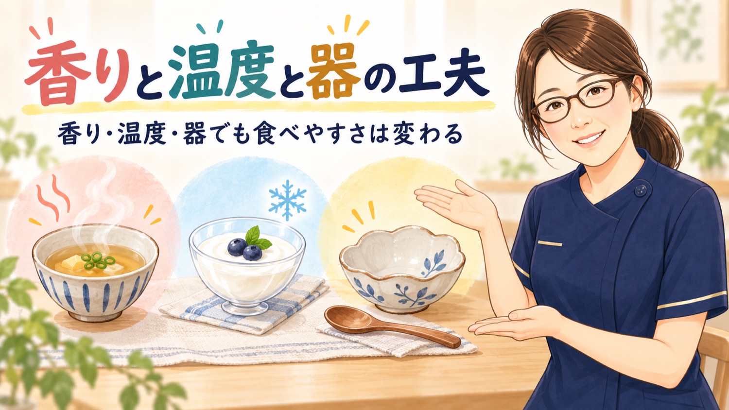 香りと温度と器の工夫で食べ始めやすくなることを示した図