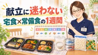 献立に迷わない宅食と常備食の1週間を示したイラスト