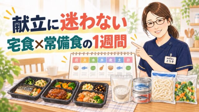 献立に迷わない宅食と常備食の1週間を示したイラスト