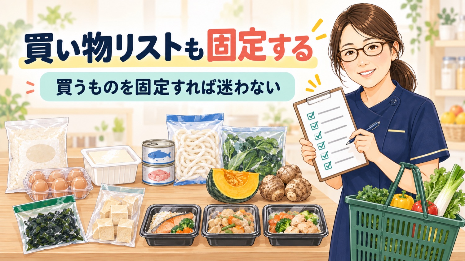 パックごはん 卵 豆腐 魚缶 冷凍うどん 冷凍野菜など固定できる買い物リストを示した図