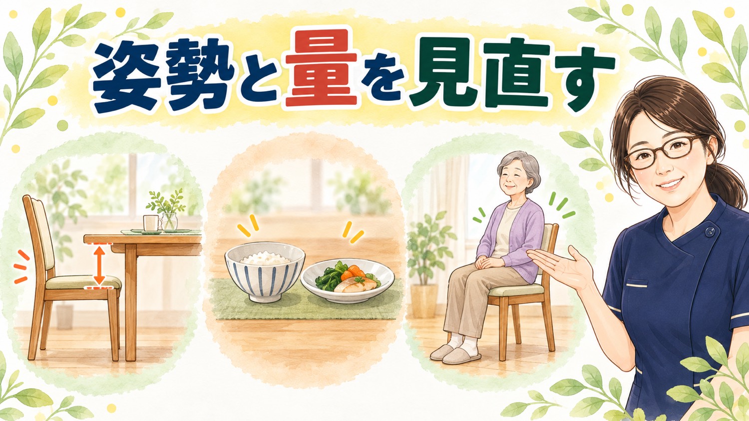姿勢と量を見直す。椅子とテーブルの高さ、少なめの食事、食後に椅子で休む高齢の方