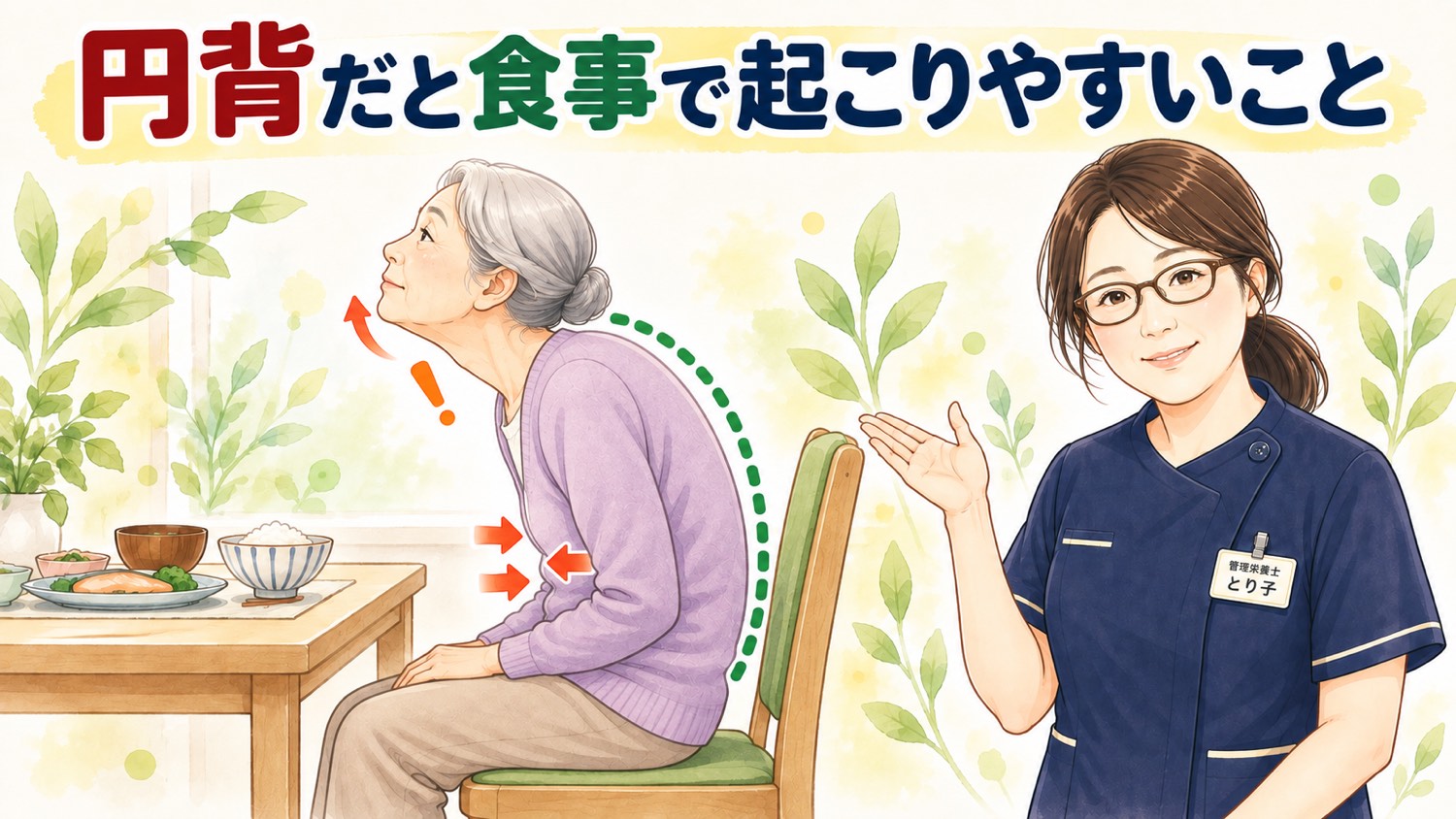 背中が丸いと前を見ようとしてあごが上がり、お腹が押される姿勢を横から見たイラスト
