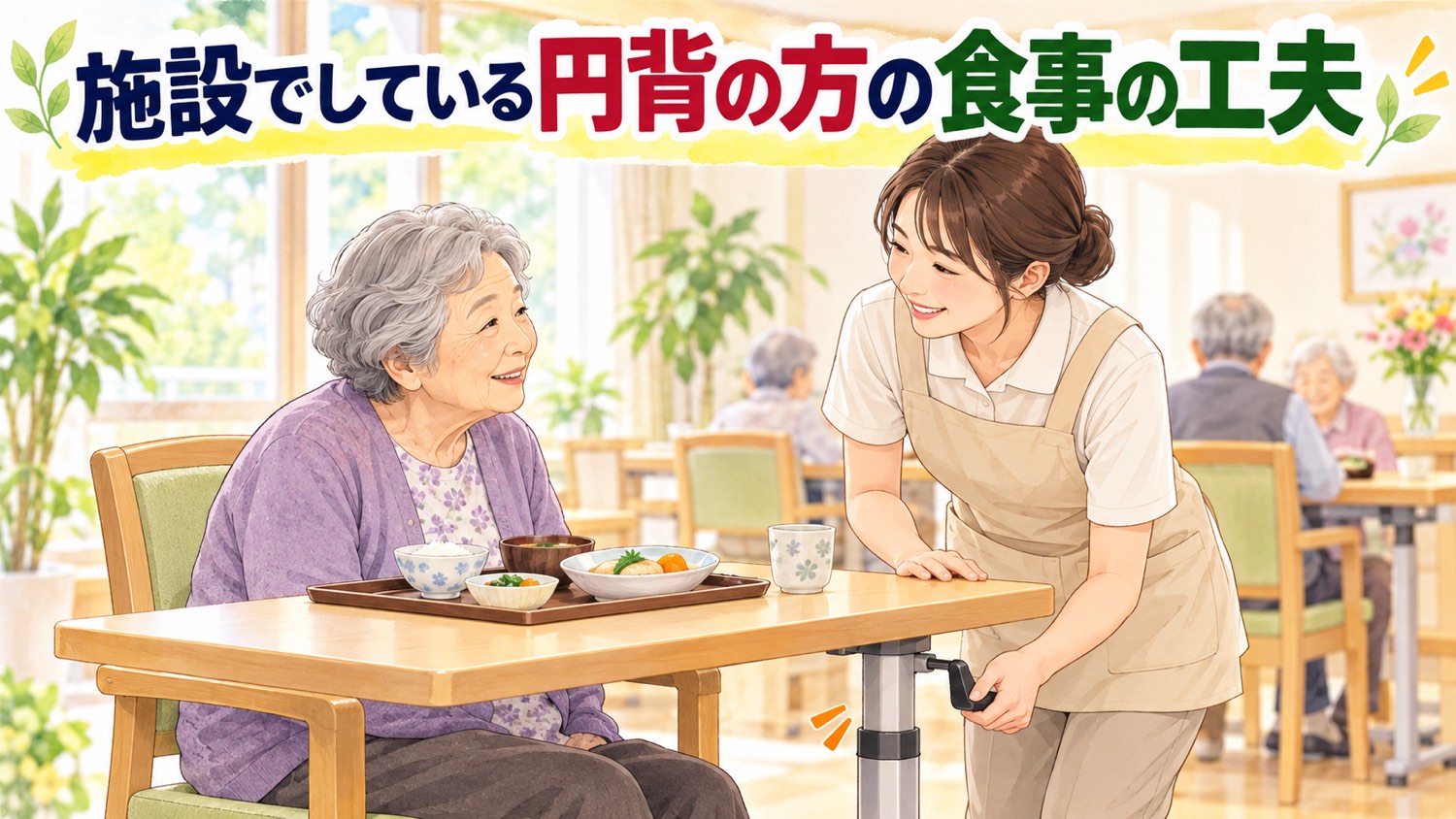 施設の食堂で介護スタッフが入居者に合わせてテーブルの高さを調整している
