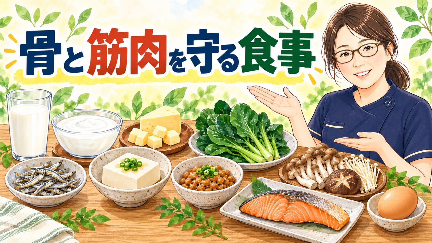 牛乳、ヨーグルト、チーズ、小魚、豆腐、納豆、小松菜、鮭、きのこ、卵など骨と筋肉を守る食品
