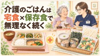 食卓で笑顔で食事をする高齢の女性と管理栄養士。宅食のトレーと保存食（おかゆ・缶詰・冷凍うどん・冷凍野菜）を並べ、介護のごはんは宅食と保存食の組み合わせで無理なく続くことを示したイラスト