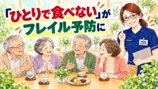 「ひとりで食べない」がフレイル予防に。テーブルを囲みお茶を楽しむ高齢の方たちと管理栄養士