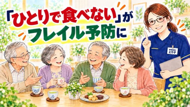 「ひとりで食べない」がフレイル予防に。テーブルを囲みお茶を楽しむ高齢の方たちと管理栄養士