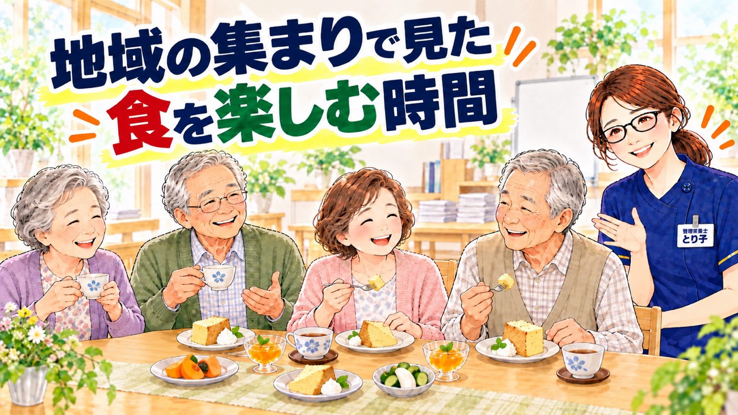 地域の集まりで手作りのシフォンケーキや柿を囲み、お茶を楽しむ高齢の方たち