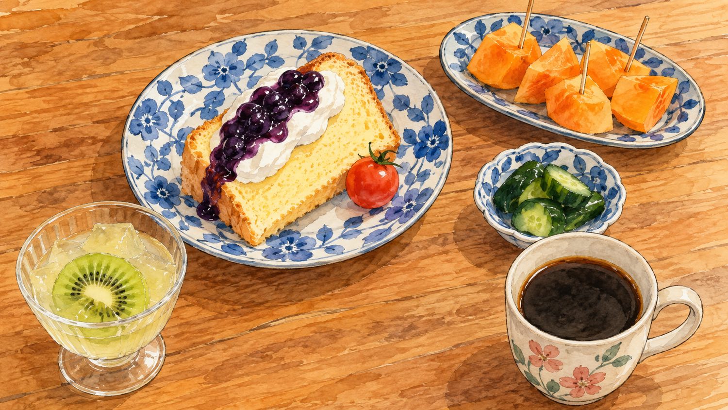地域の集まりで出された手作りのシフォンケーキ、柿、きゅうりの漬物、キウイ入りゼリーとコーヒーの水彩イラスト