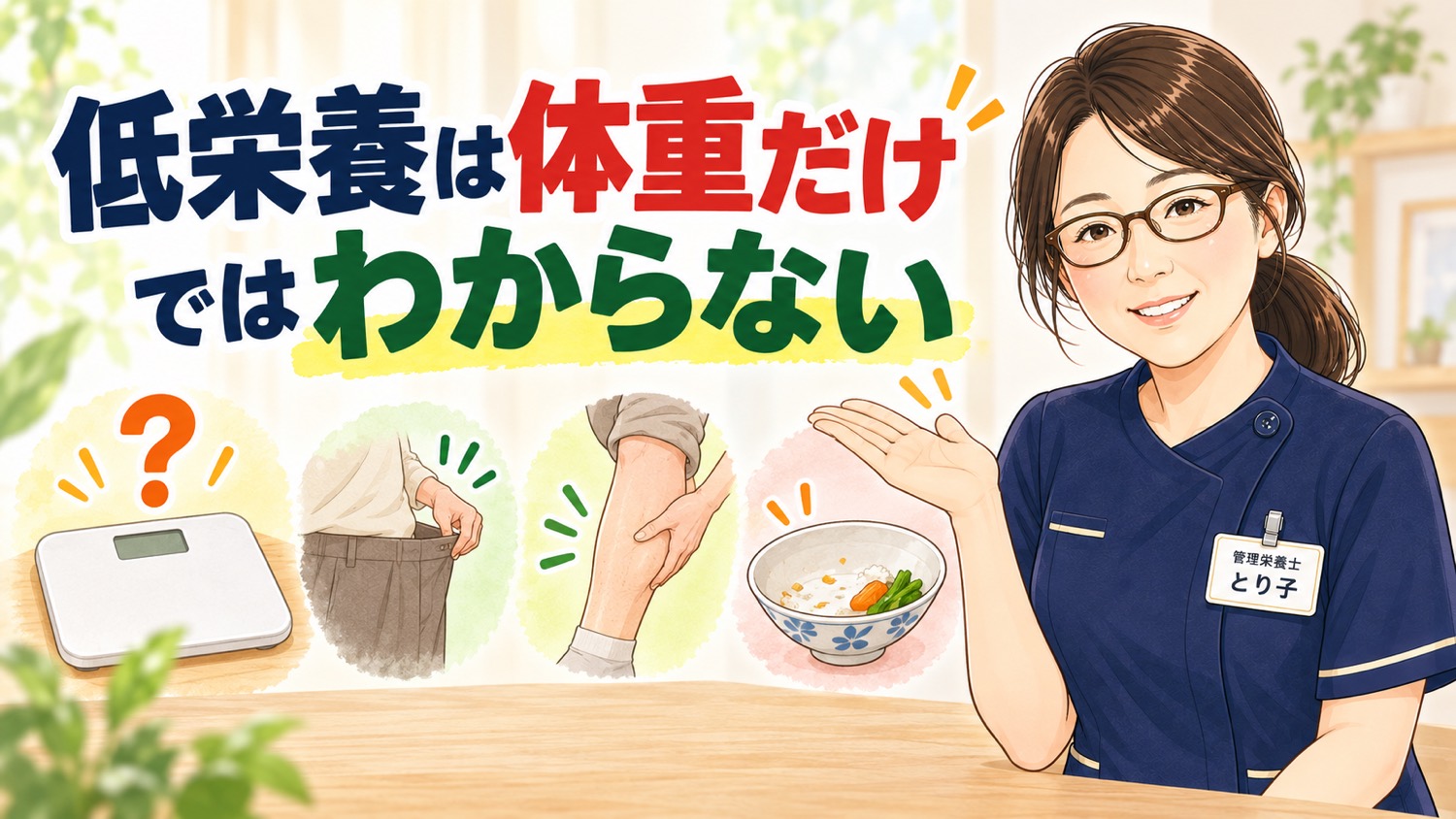 低栄養は体重だけではわからない。体重計、ゆるくなったズボン、ふくらはぎ、残した食事