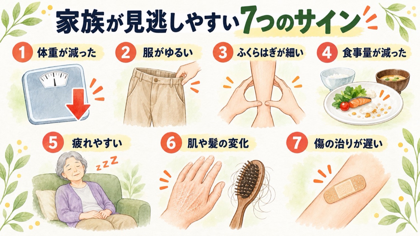 家族が見逃しやすい7つのサイン。体重、服、ふくらはぎ、食事量、疲れ、肌や髪、傷