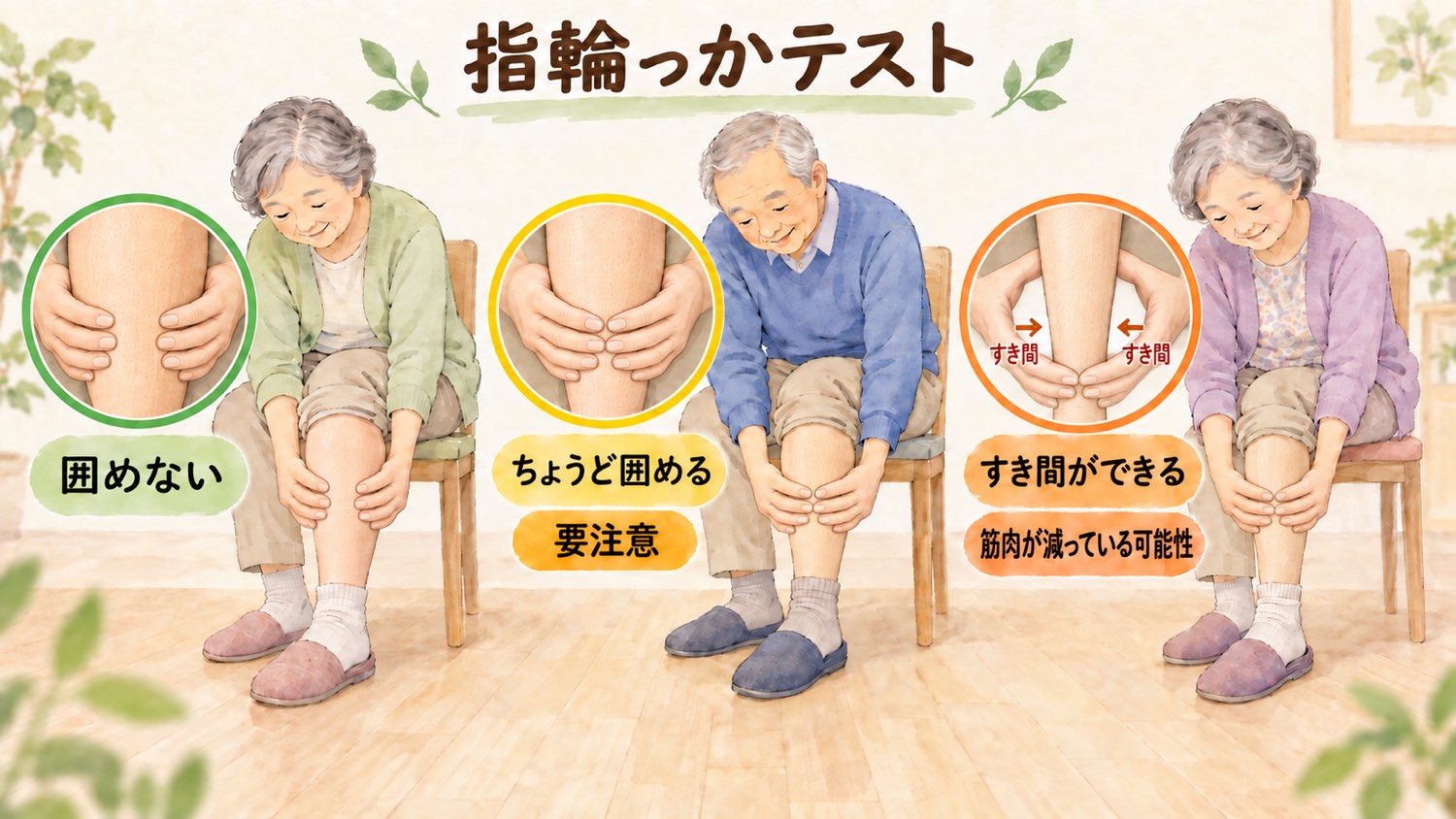 指輪っかテスト。ふくらはぎを両手の指の輪で囲めない、ちょうど囲める、すき間ができるの3つの状態