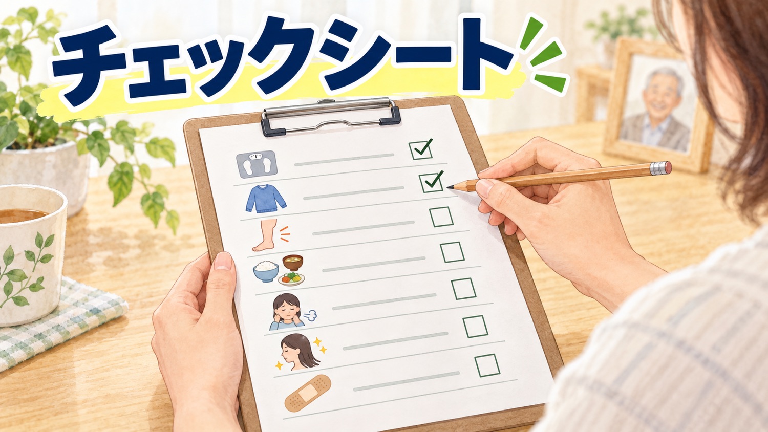 低栄養のサインのチェックシートに鉛筆で印をつける家族の手元