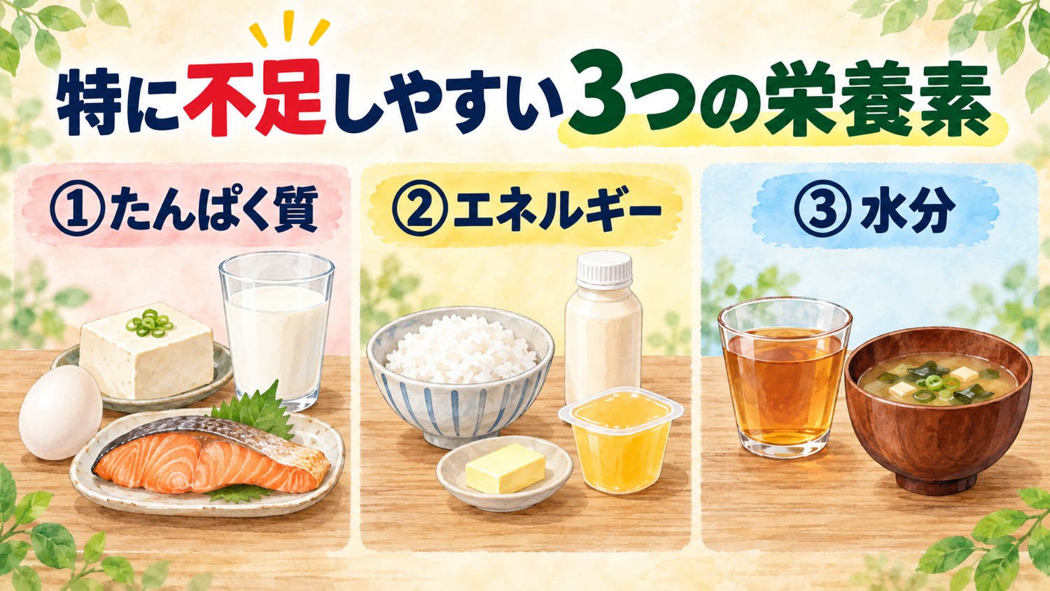 特に不足しやすい3つの栄養素。たんぱく質、エネルギー、水分をとれる食品