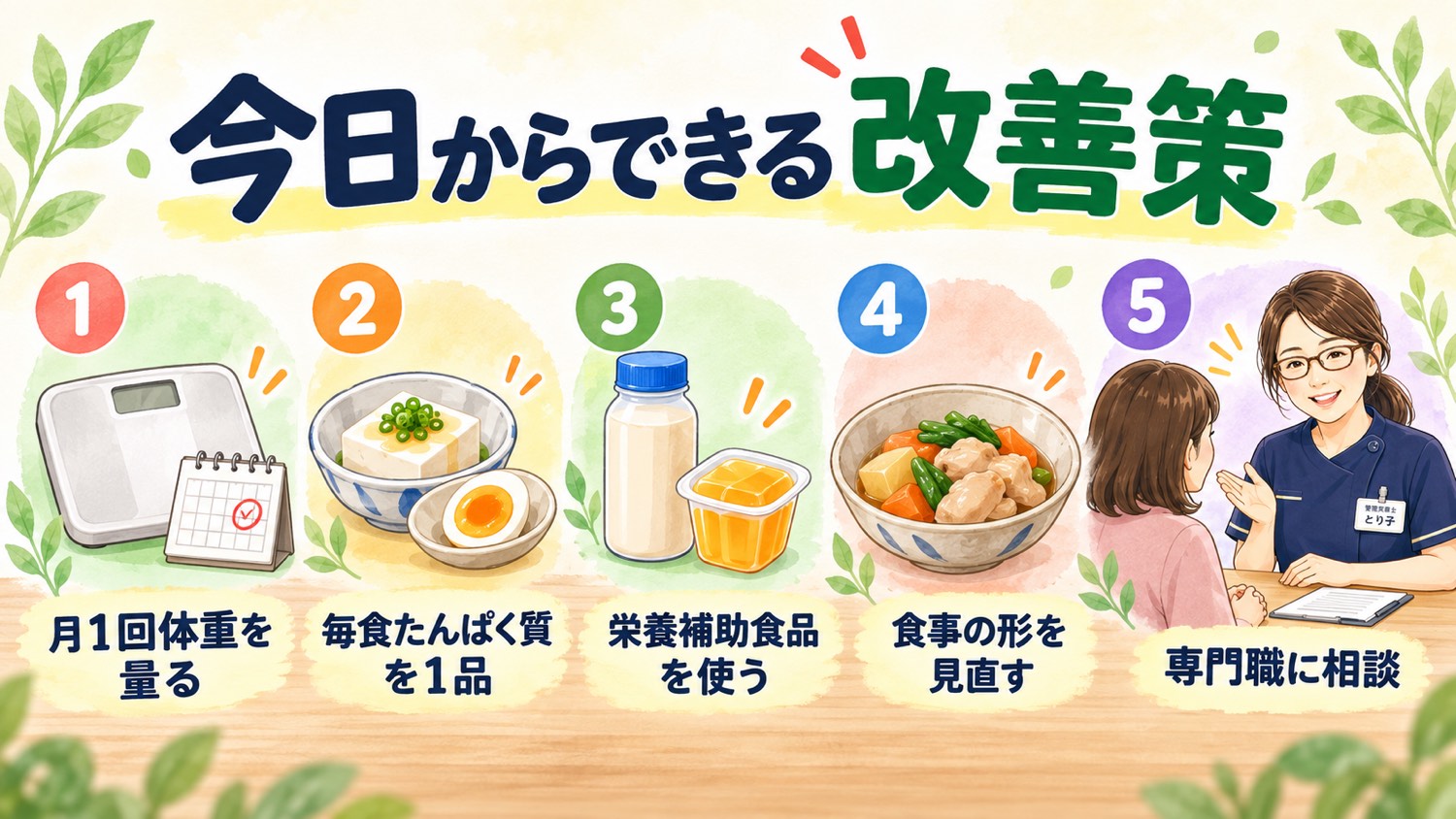 今日からできる改善策。体重測定、たんぱく質1品、栄養補助食品、食事の形の見直し、専門職への相談