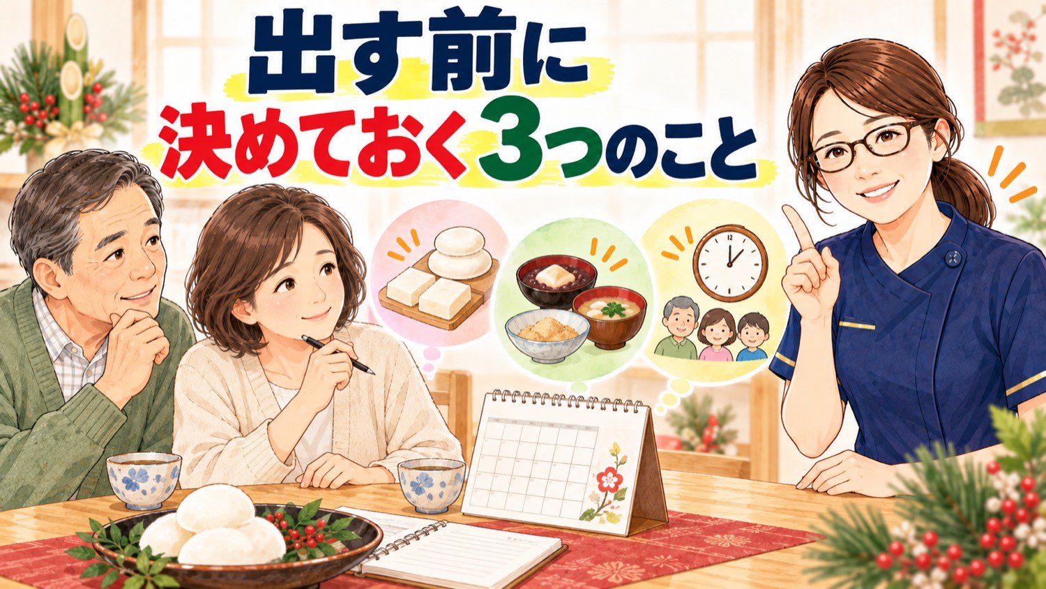 餅を出す前に決めておく3つのこと。家族で相談している様子