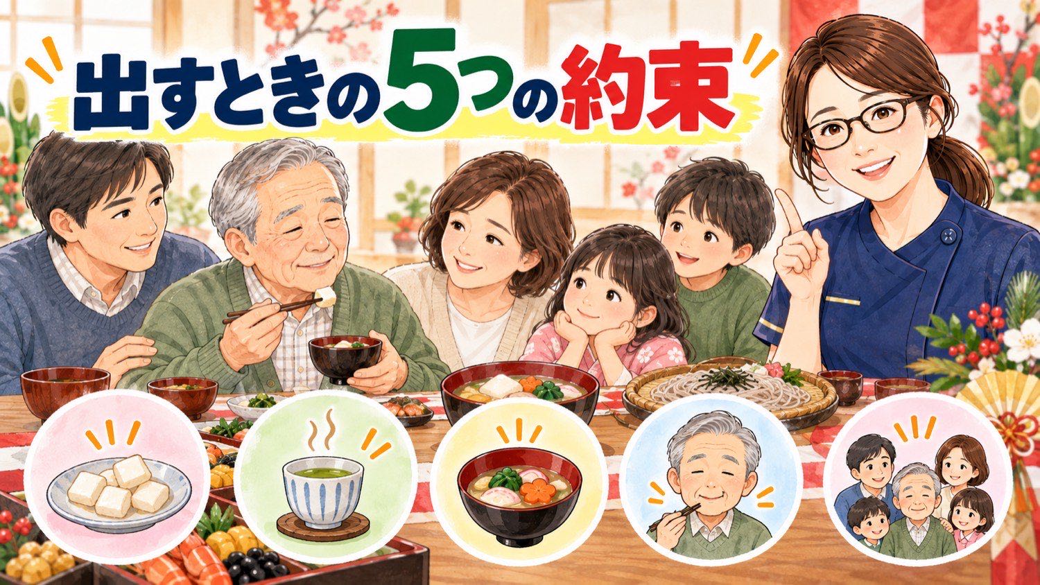 餅を出すときの5つの約束。小さく切った餅とお茶、そばで見守る家族
