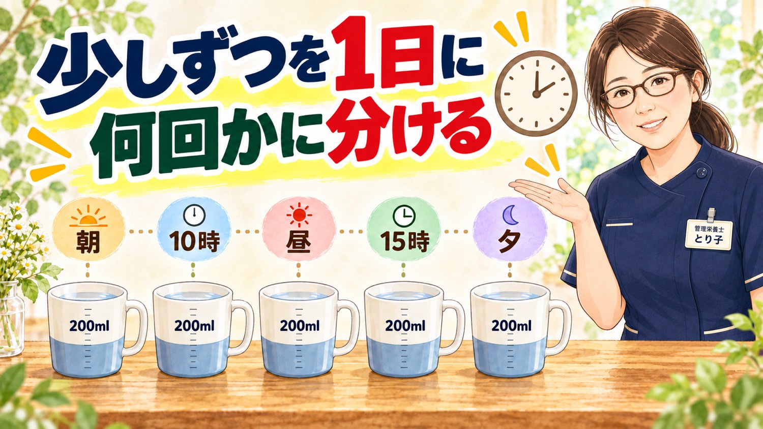 少しずつを1日に何回かに分ける。朝・10時・昼・15時・夕に200mlずつのマグカップ