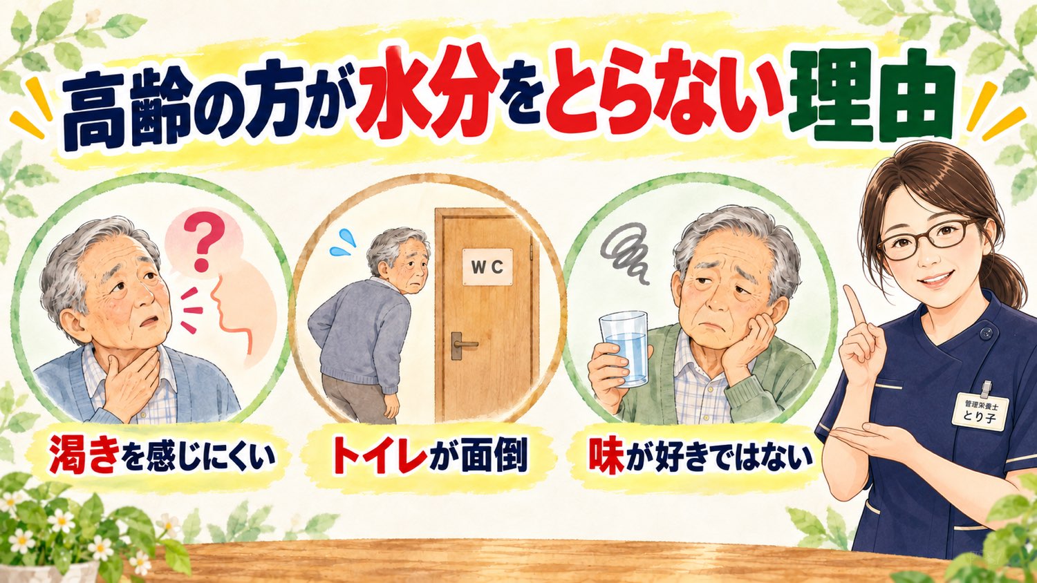 高齢の方が水分をとらない理由。渇きを感じにくい、トイレが面倒、味が好きではない