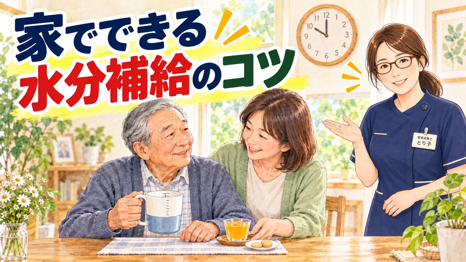 10時のおやつと一緒に、マグカップの飲み物と水分ゼリーを出す親子