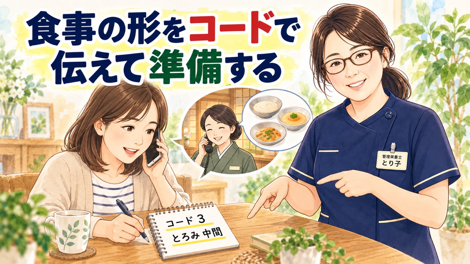 旅館に電話で食事の相談をする家族。メモにコード3、とろみ中間と書いている