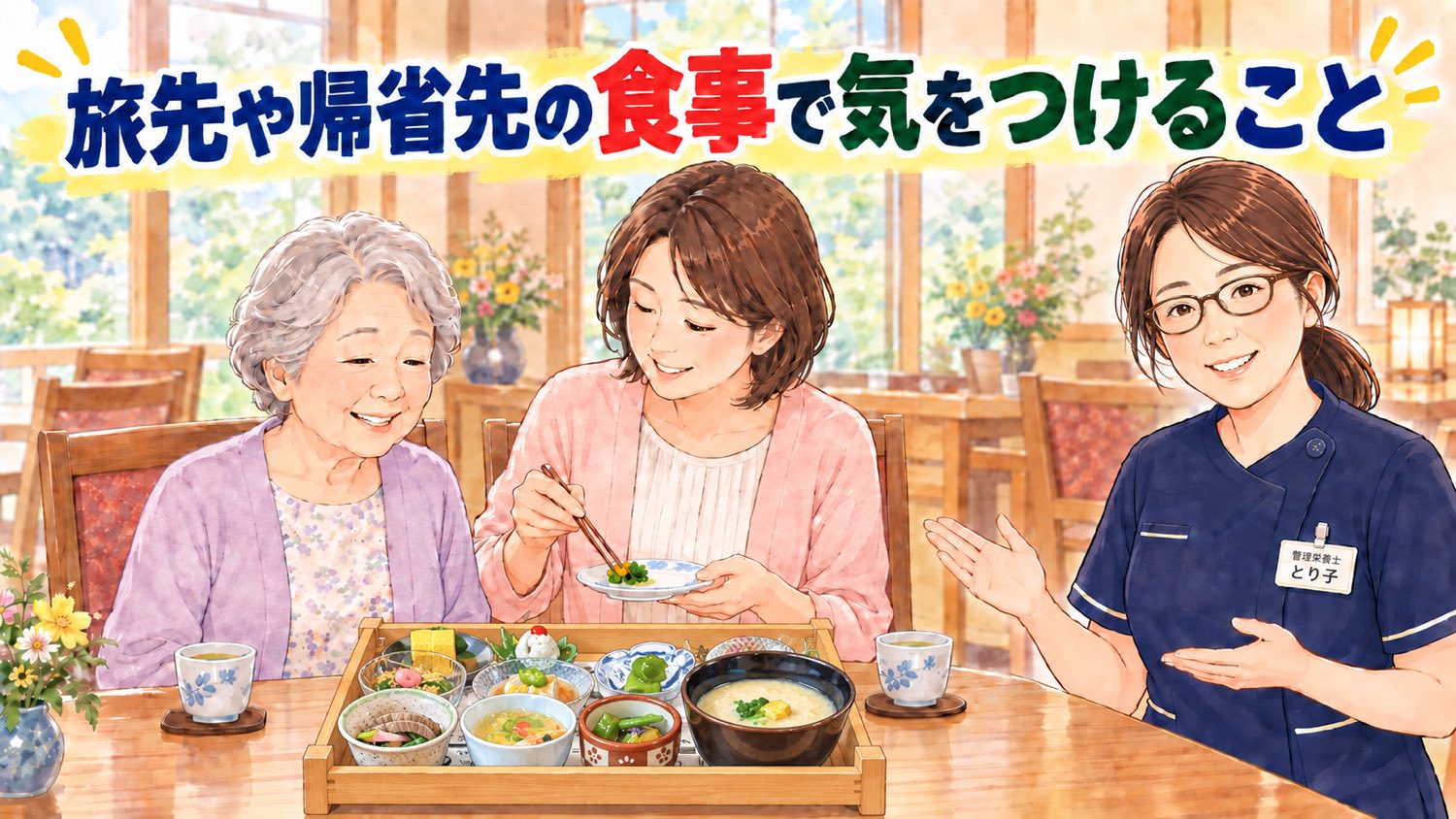 旅館の小鉢料理が並ぶ木のお膳を前に、娘が母の分を取り分けている。椅子席での食事