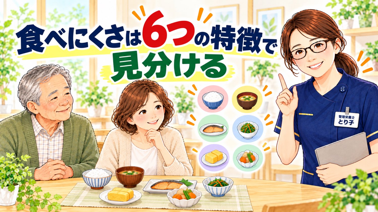 食べにくさは6つの特徴で見分ける。食卓で料理を前に説明を聞く家族