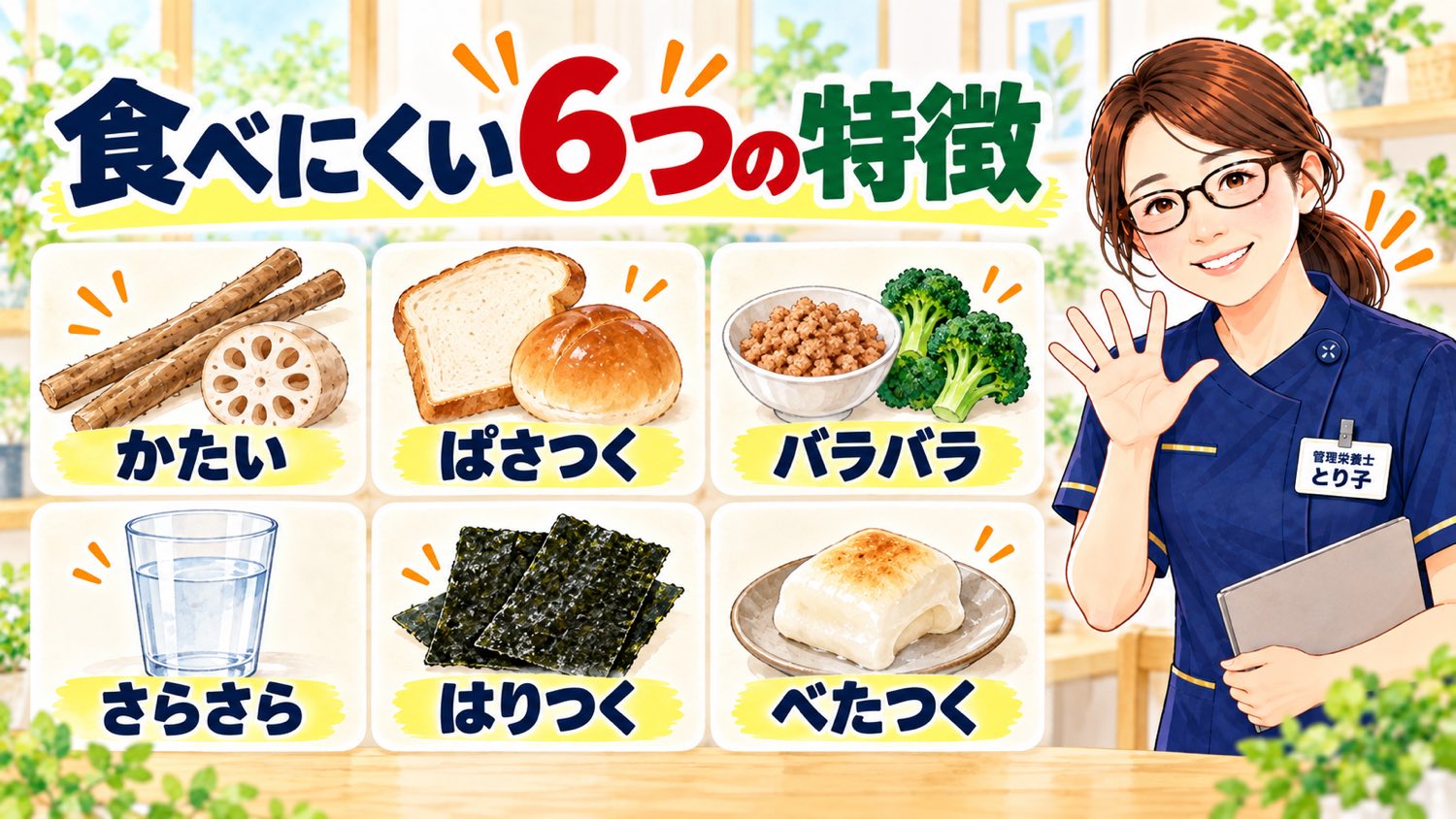 食べにくい6つの特徴。かたい、ぱさつく、バラバラ、さらさら、はりつく、べたつく