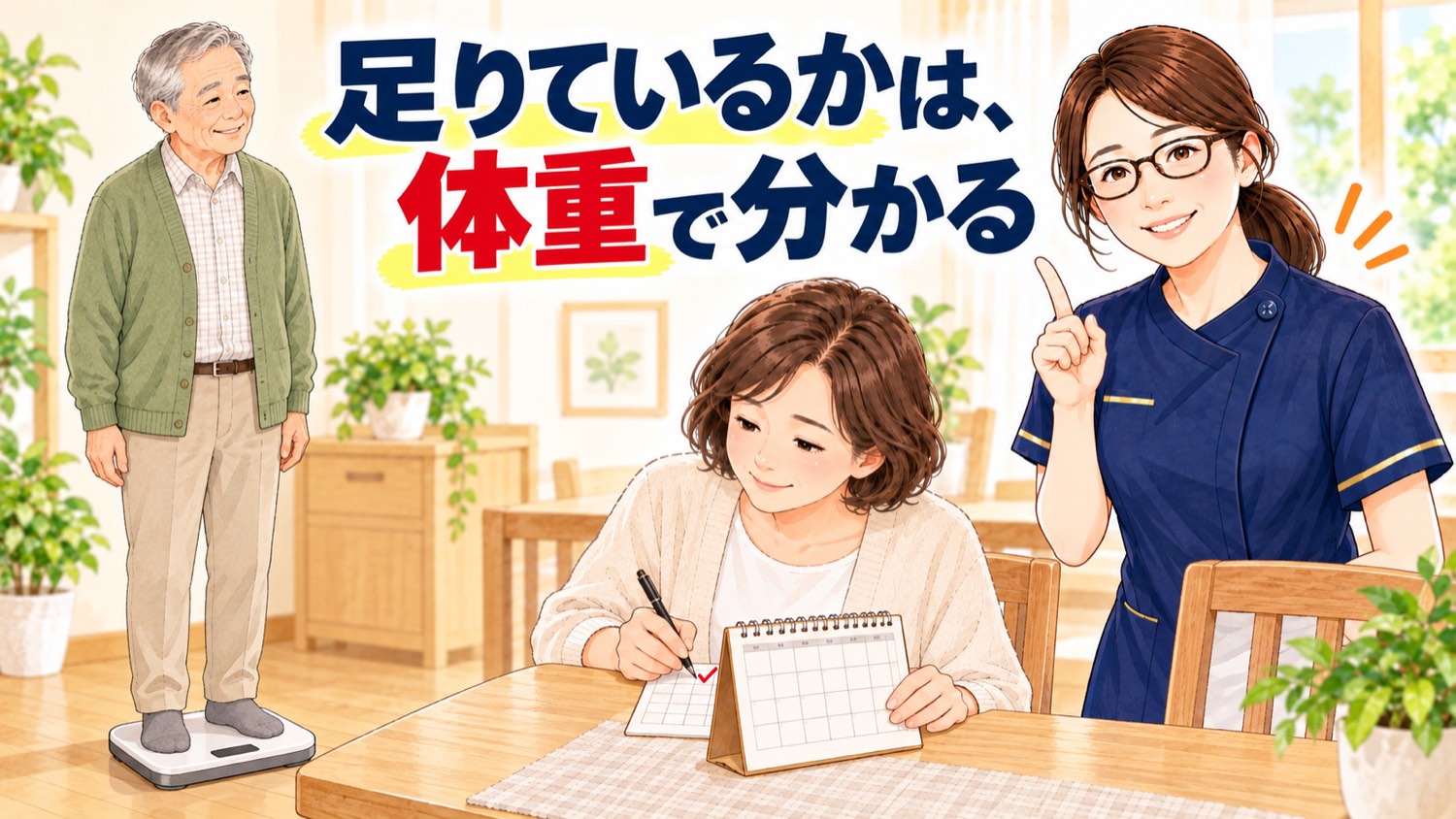 足りているかは体重で分かる。体重計に立って測り、カレンダーに記録する様子