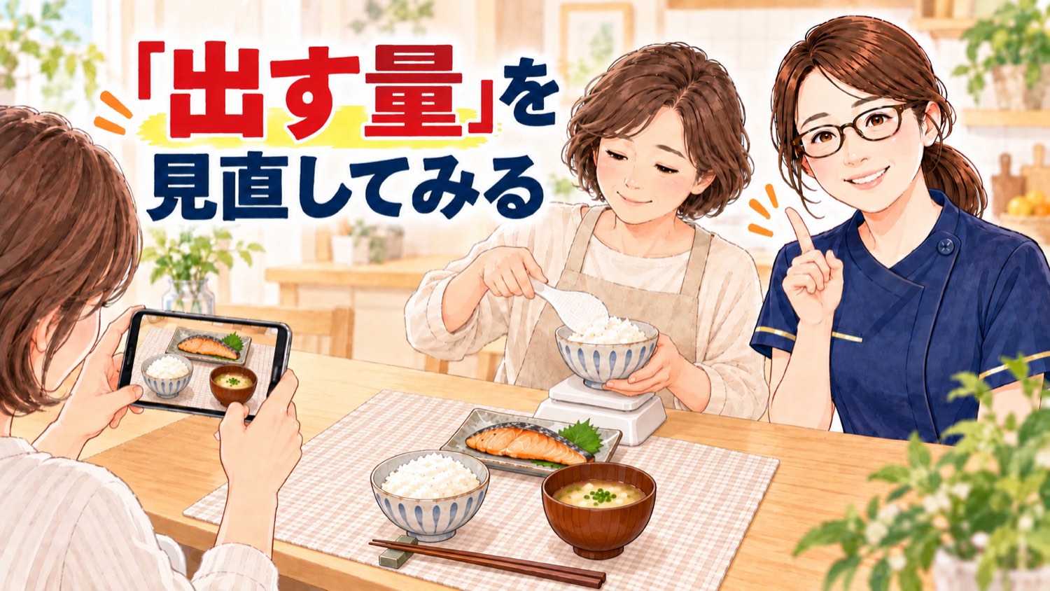 出す量を見直す。食事を写真に撮り、ごはんを量って確かめる様子